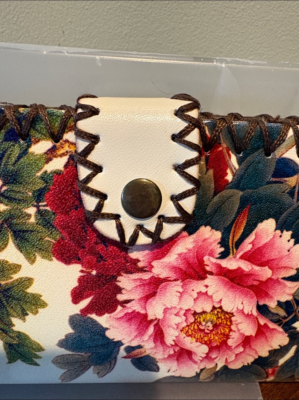Floral Leather Wallet long wallet clutch Pink & Red Peony Print whip stitching - Picture 3 of 13